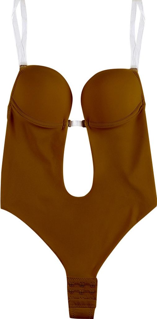ASKSA Rückenfreier Unsichtbar Body Shaper-BH mit tiefem V-Ausschnitt,Nahtloser Tanga Tiefem V-Bodysuit BHS, Braun, S