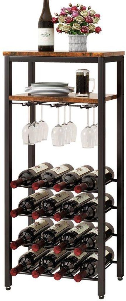 Metallischer Wijnständer für 16 Flaschen, freistehender Wijnständer mit Glashalter, Wijnkast-Display, Mini-Wijnbar-Tisch für Wohnzimmer, Küche...