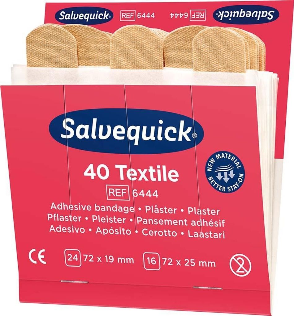 A package of Salvequick textile bandages is shown against a white background.