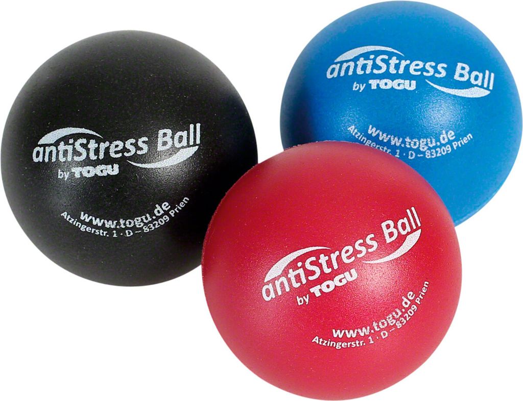Three anti-stress balls in black, red, and blue are arranged in a cluster against a white background.