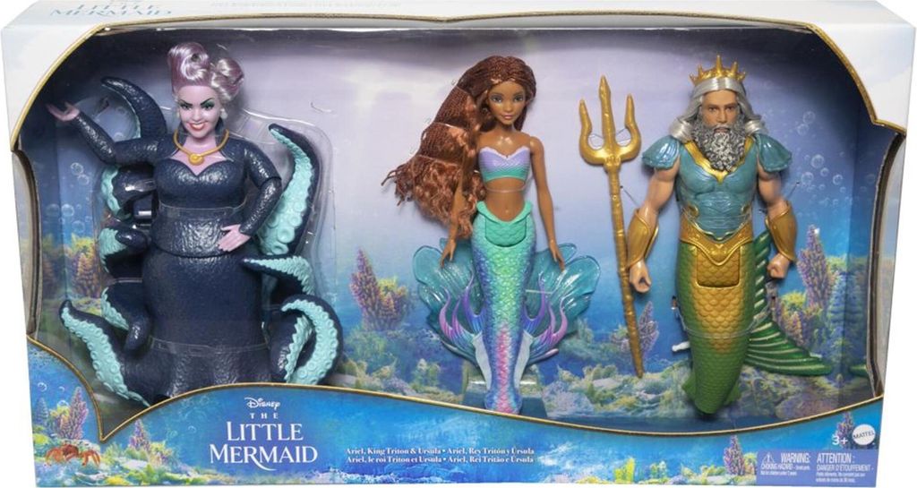 A product box containing three dolls from Disney's The Little Mermaid.
