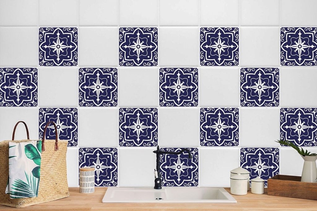 24 Stück Laminierter Fliesen Für Bad Küche Fließen Klebefolie Weißes und Blaues Muster 20 x 20 cm