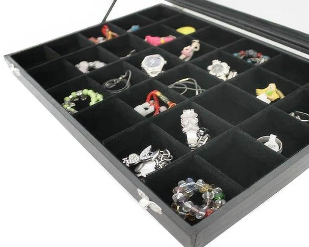 Coffret à bijoux noir avec 30 compartiments et tiroir de rangement