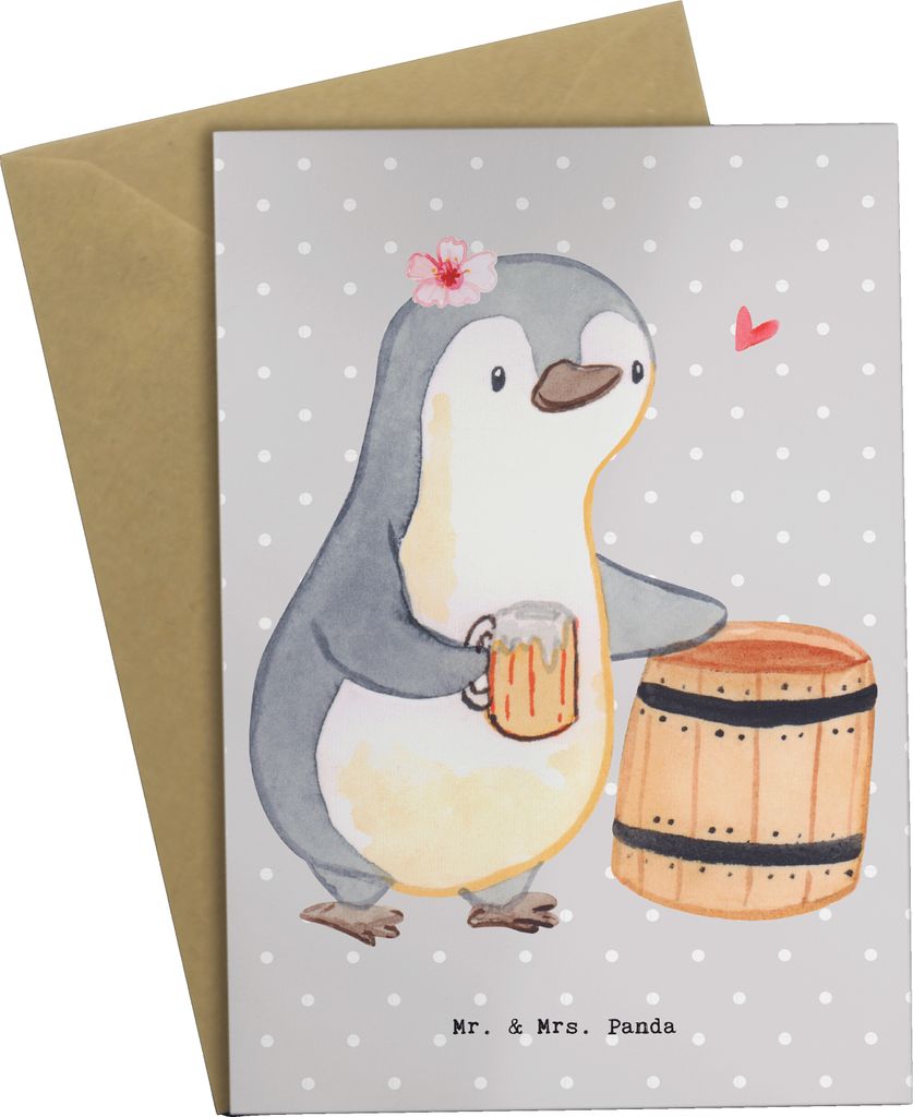 Mr. & Mrs. Panda Klappkarte Bierbrauerin Herz - Grau Pastell - Geschenk, osterkarten, , einladungskarten, Bierfass, weihnachtskarten, Party, osterk...
