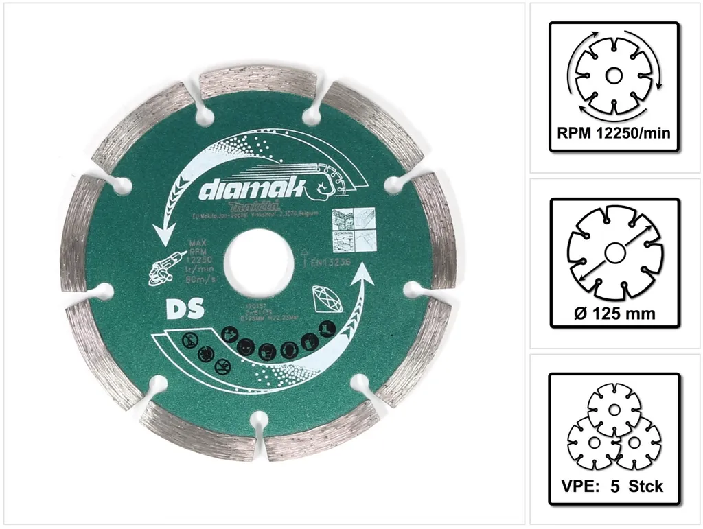 Pack 5 Disques Diamant Makita 125mm D-61139 pour Coupe Rapide Béton