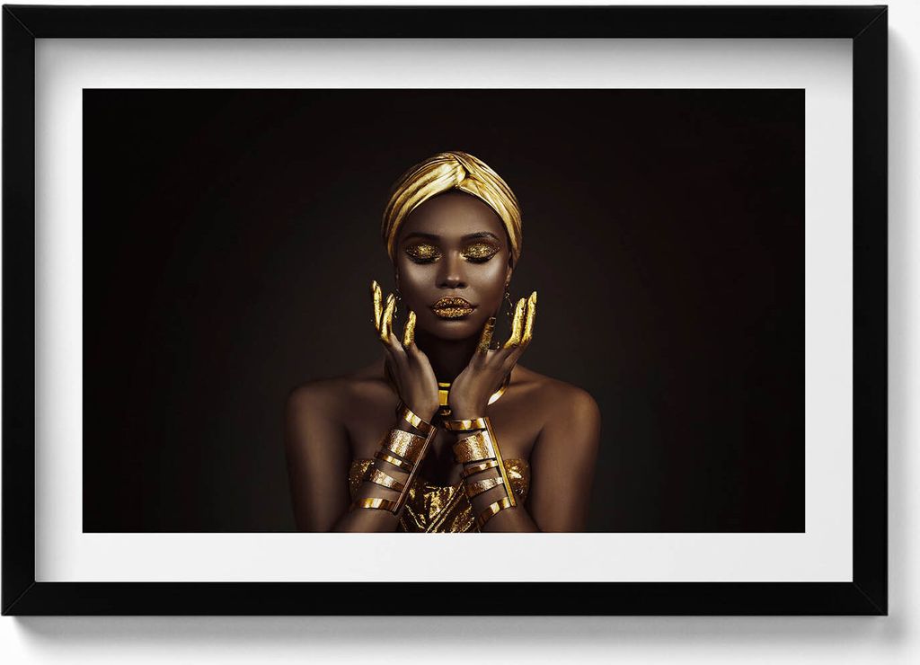 Porträt einer afrikanischen Frau in Gold– Wandbild mit Rahmen – Gerahmtes Bild – Wanddekoration – 60x40 cm – Schwarz Rahmen