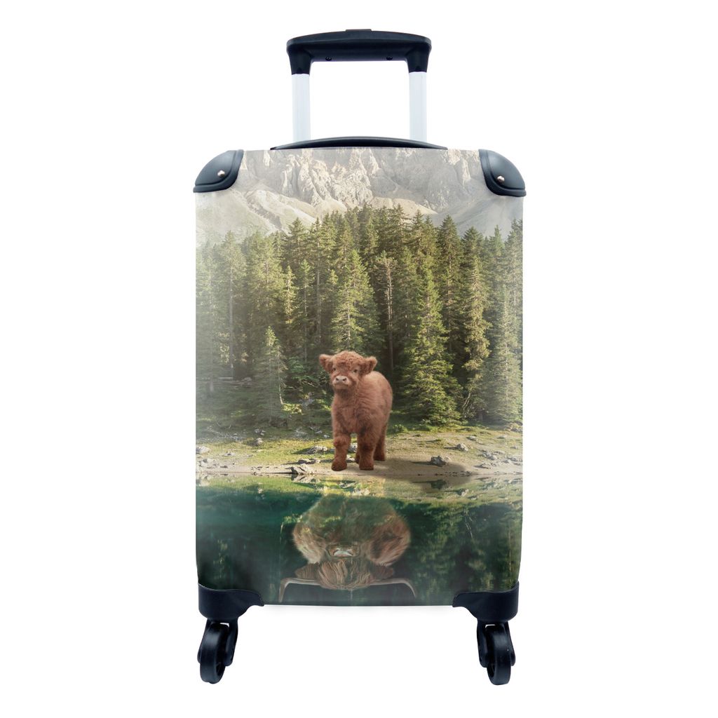 MuchoWow Koffer Handgepäck Trolley Rollkoffer Kleine Reisekoffer mit 4 Rollen - Schottischer Highlander - Kalb - Bäume - Cabin Size < 55x40x23 ...