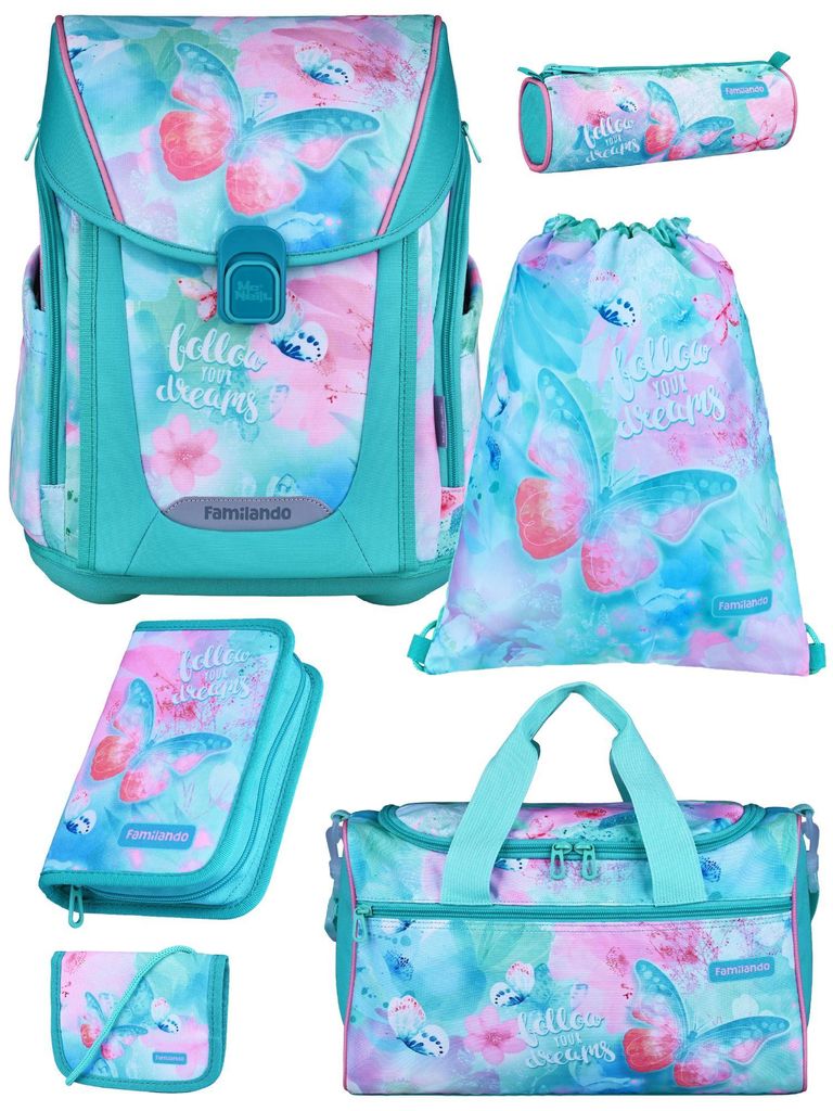 Mädchen Schulranzen 1. Klasse in Türkis Rosa mit Butterfly Schmetterlinge Motiv 6-teilig Schultaschen Set mit Federmäppchen
