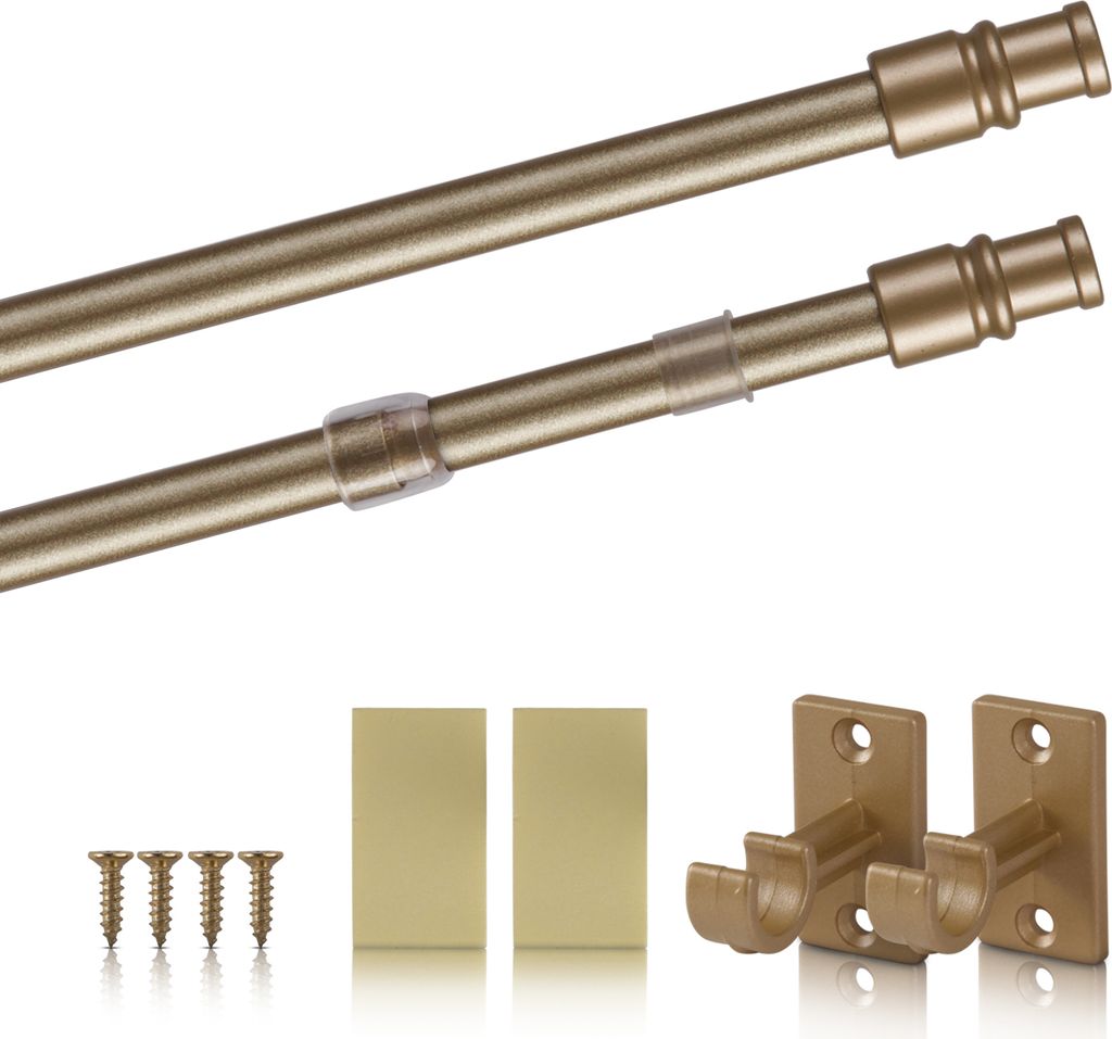 A set of extendable curtain rods and mounting hardware, including screws and brackets, laid out on a white background.