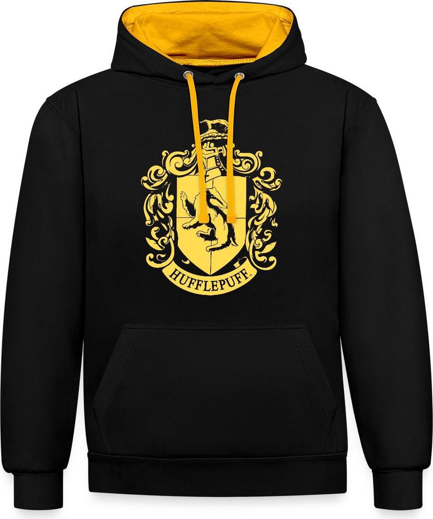 Spreadshirt Harry Potter Hufflepuff Wappen Uni Kontrast Hoodie, M, Schwarz/Gold