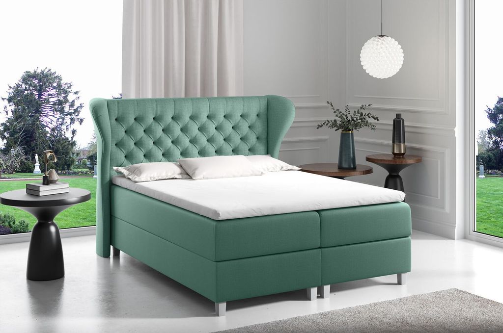 Boxspringbett mit gestepptem Kopfteil 120x200 JUTTA – Grün + GRATIS Topper