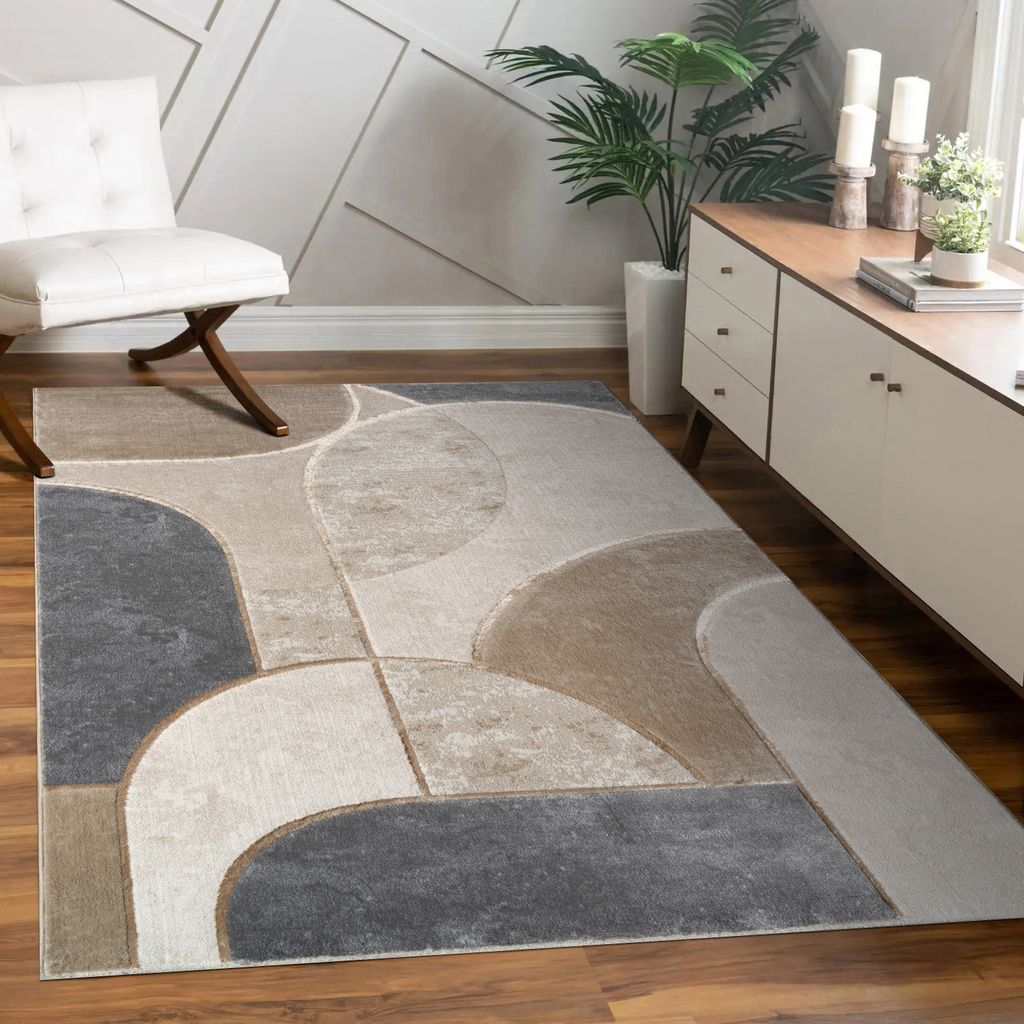 Teppich Wohnzimmer Kurzflor Geometrisches Muster Bogen Motiv Abstrakt Grau Beige Grösse 200x290 cm