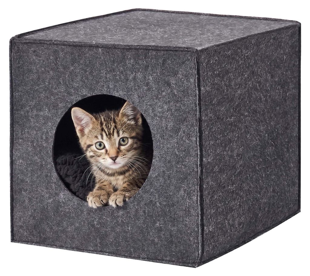 Relaxdays Katzenhöhle, Filz, HxBxT: 33 x 33 x 37 cm, Katzenhaus für Regale, faltbar, mit Kissen, Katzenbett, dunkelgrau