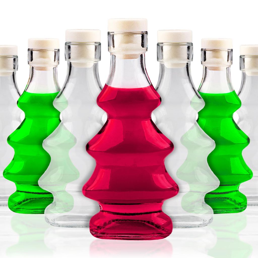 SuperButelki.pl - 5 Stück Glasflaschen Weihnachtsbaum 3D 100 ml 0,1 L dreidimensional, für Liköre, Schnaps, Sirup, Likör, festlich mit Korken