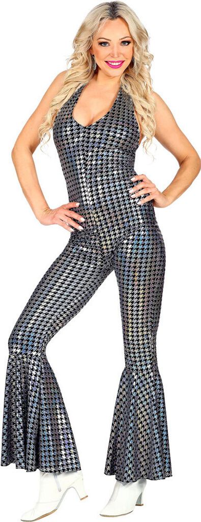 70er Jahre Disco Overall für Damen - Schwarz Silber | 70s Glitzer Show Party Kostüm Größe: XS
