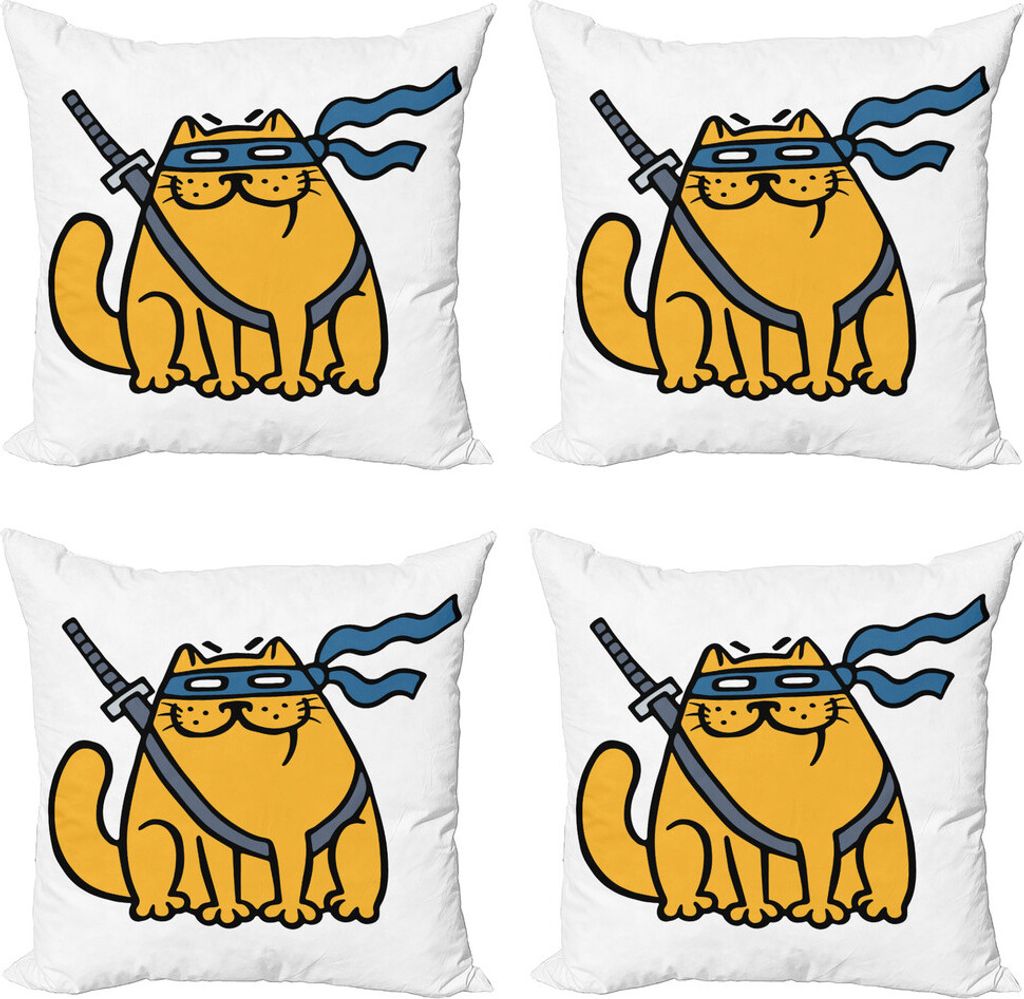 ABAKUHAUS Ninja Cat Kissenbezug Set (4 Stück), Held Haustier mit verbundenen Augen, Moderner Doppelseitiger Digitaldruck, 50 cm x 50 cm, Marigold-...