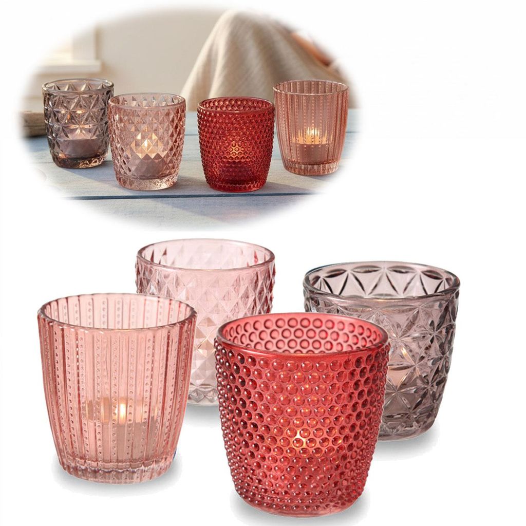 LS-LebenStil 4 ́er Set Glas Teelichthalter Retro Rosa Rose 7cm Teelichtglas Windlichthalter Kerzenhalter Kerzenglas Kerzenständer für Teelichter