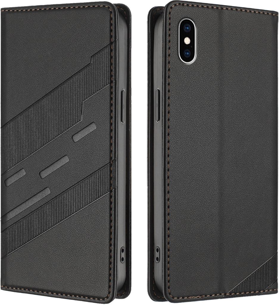 Hülle für iPhone XS Max, Kunstleder Brieftaschen Handyhülle mit Kartenfach und Standfunktion Schwarz