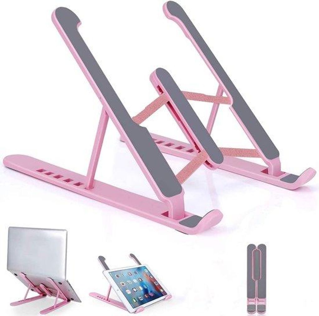 Verstelbare laptop en tablet houder, roze, opvouwbaar
