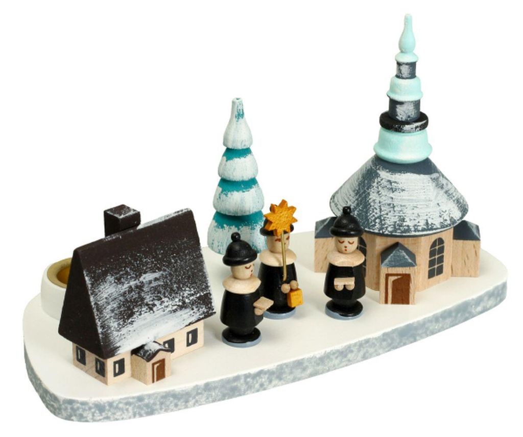 Kerzenhalter Seiffener Kirche und Kurrende winterlich weiß Höhe 7,5 cm NEU