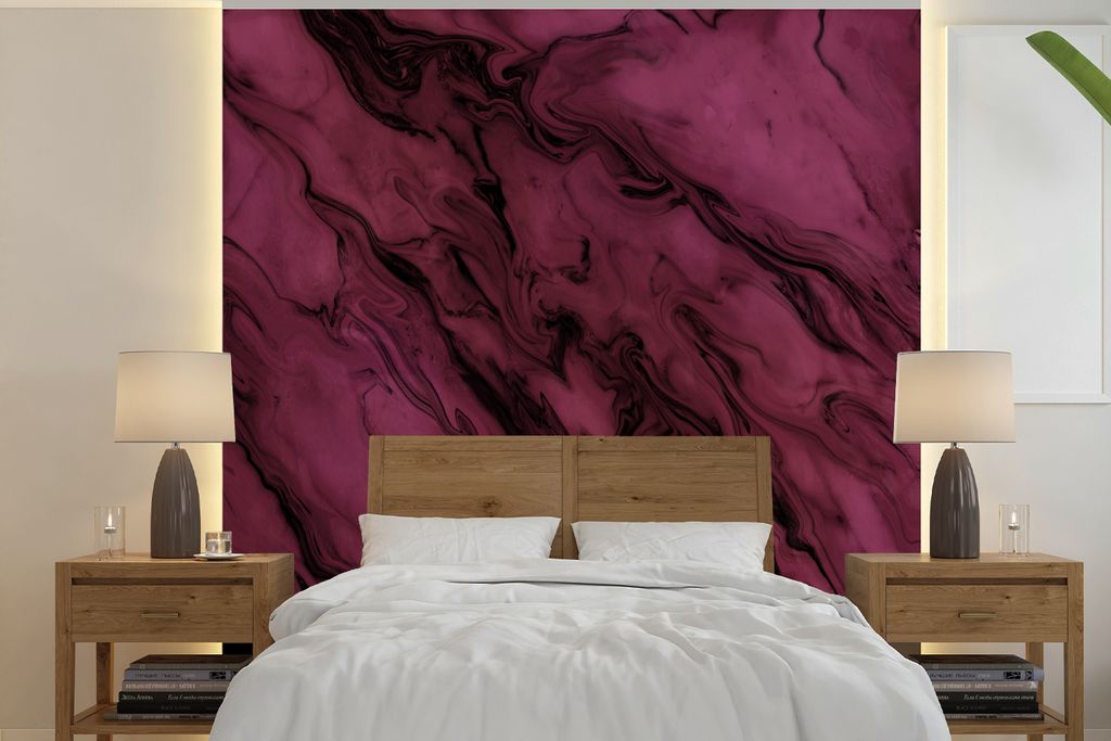 MuchoWow Fototapete für Wohnzimmer oder Schlafzimmer Wandtapete Vinyl Motivtapete Marmor - Rosa - Schwarz - 350x350 cm - Schlafzimmertapete