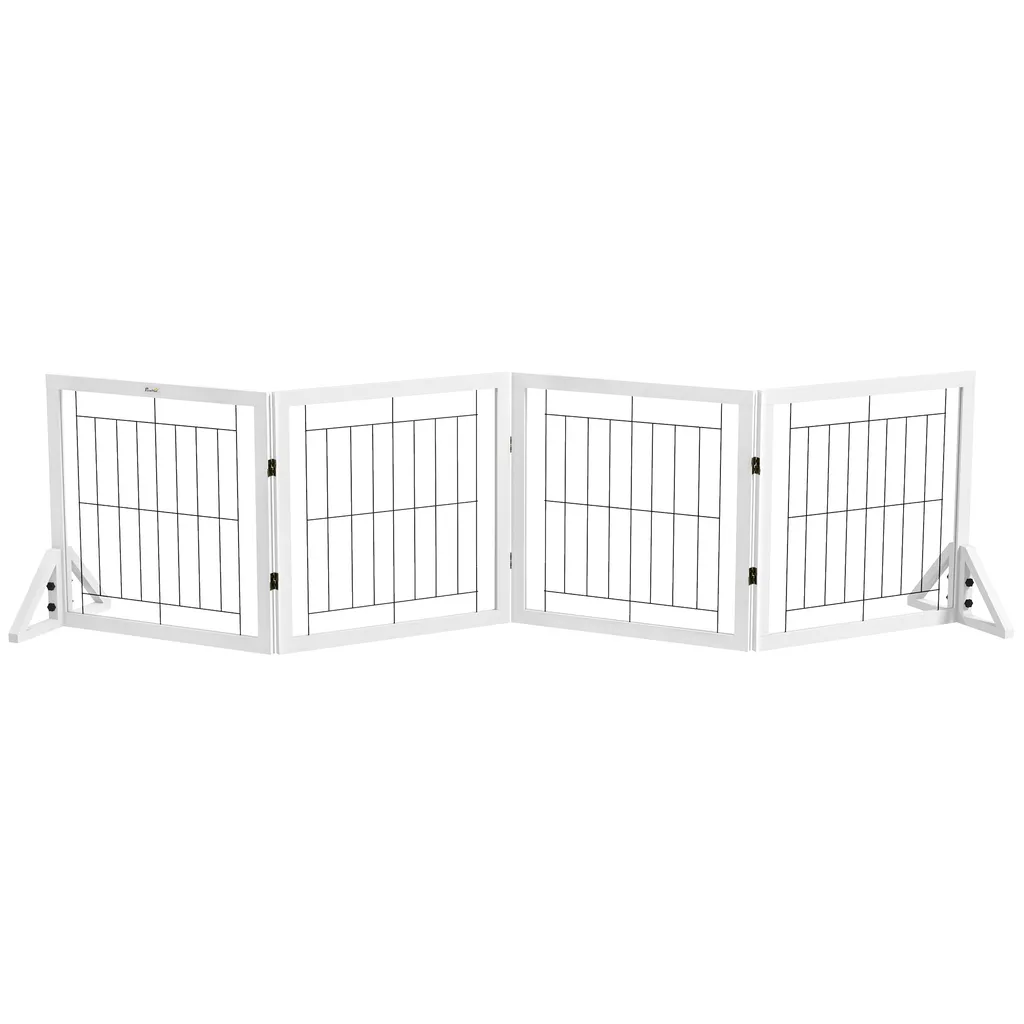 PawHut Barrière de sécurité pour chien pliante 4 panneaux bois 280 cm blanc