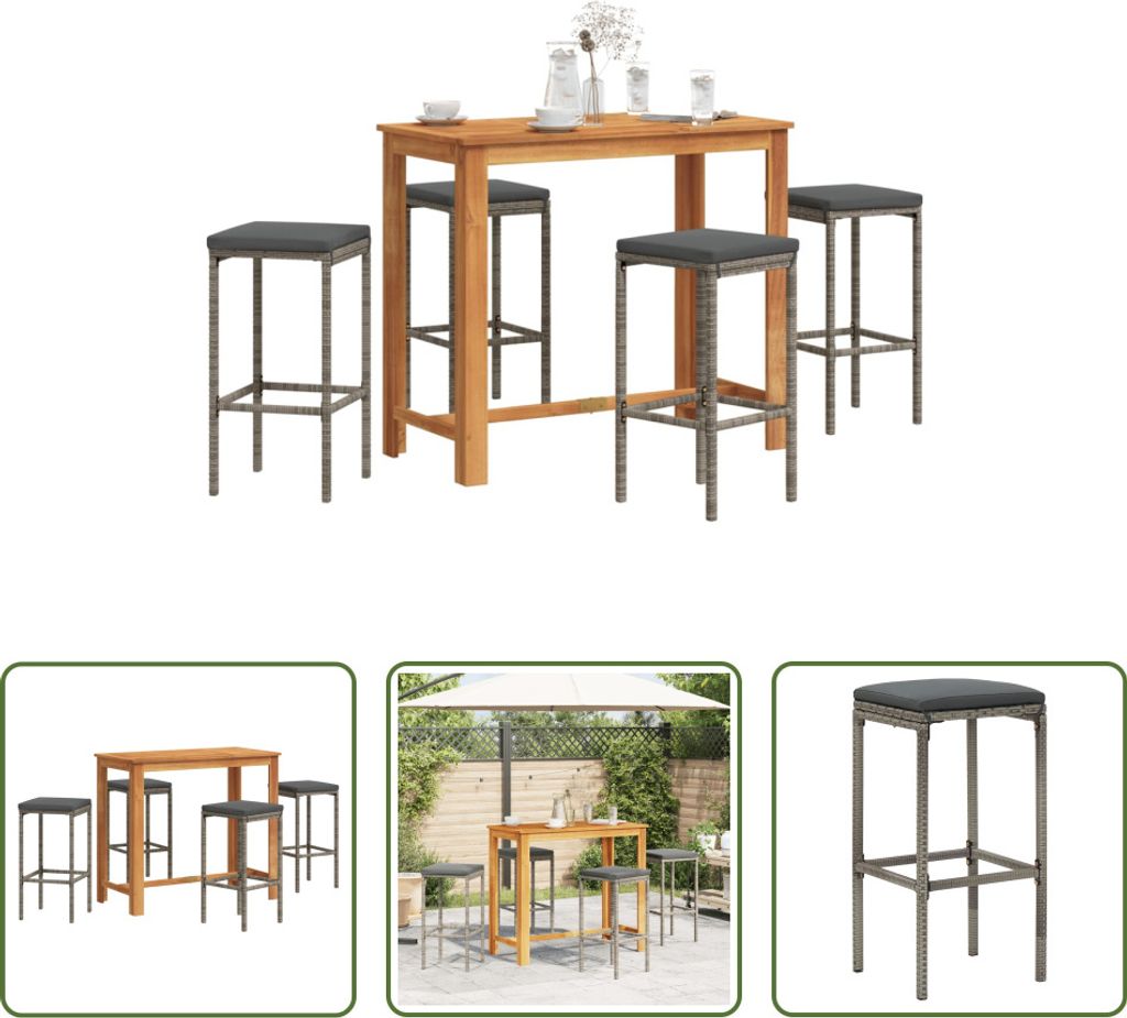 The Living Store 5-tlg. Gartenbar-Set Grau Massivholz Akazie und Poly Rattan