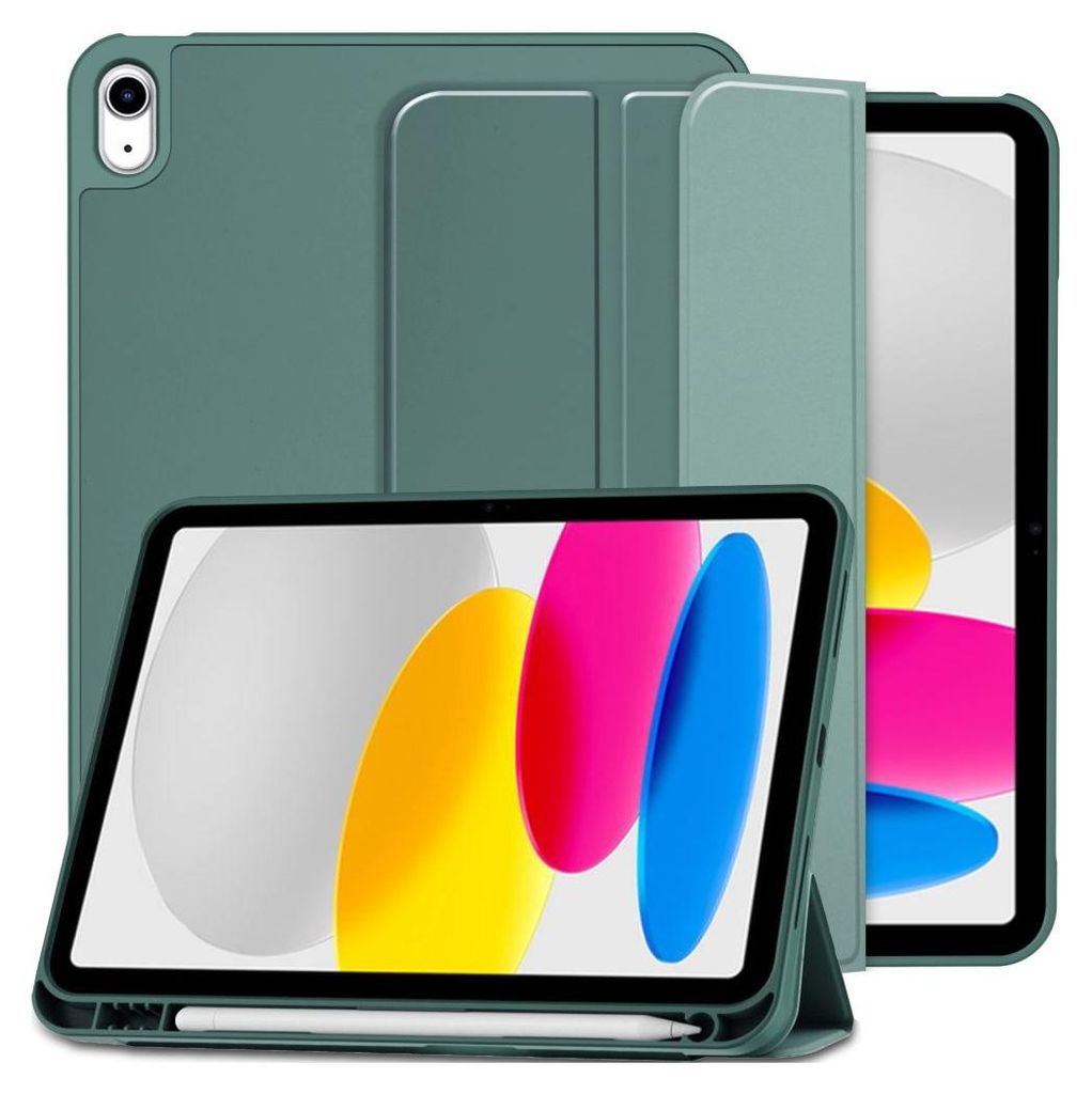 A green tablet case with a tablet inside, displayed in a studio setting.
