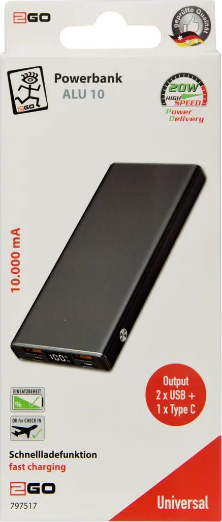 2GO 797517 2GO Powerbank 10000mAh USB-C Aluminium Productafbeelding 