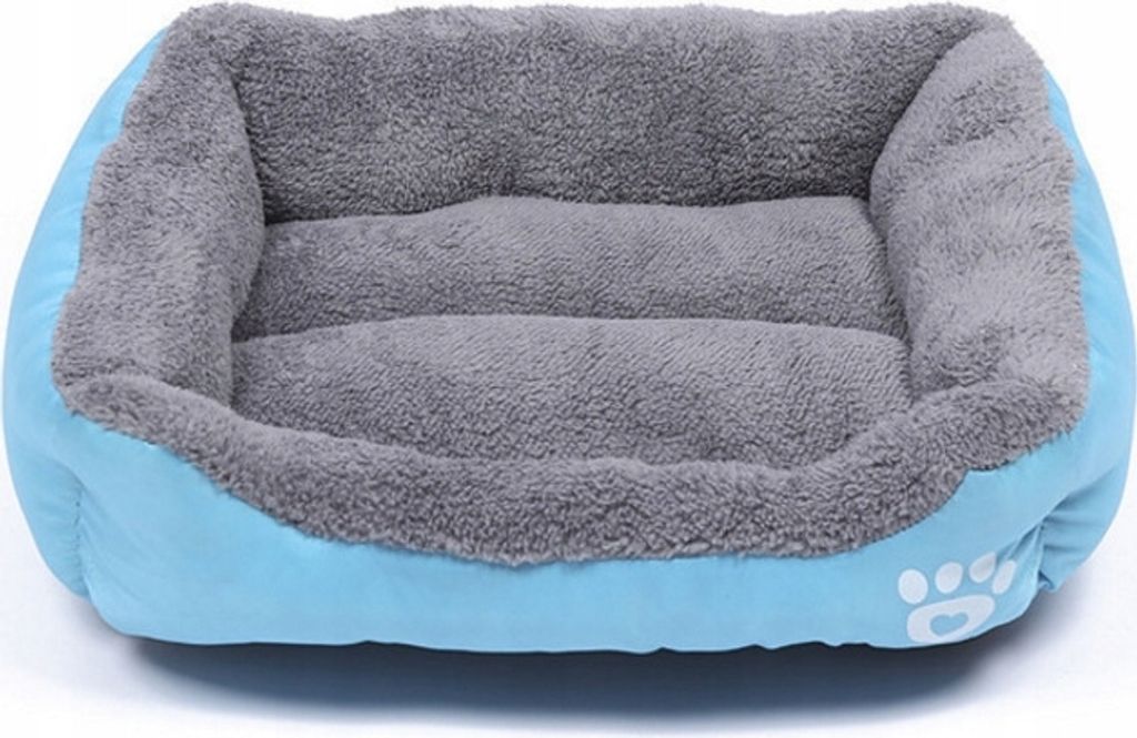 A blue and gray dog bed with a paw print logo on the side.