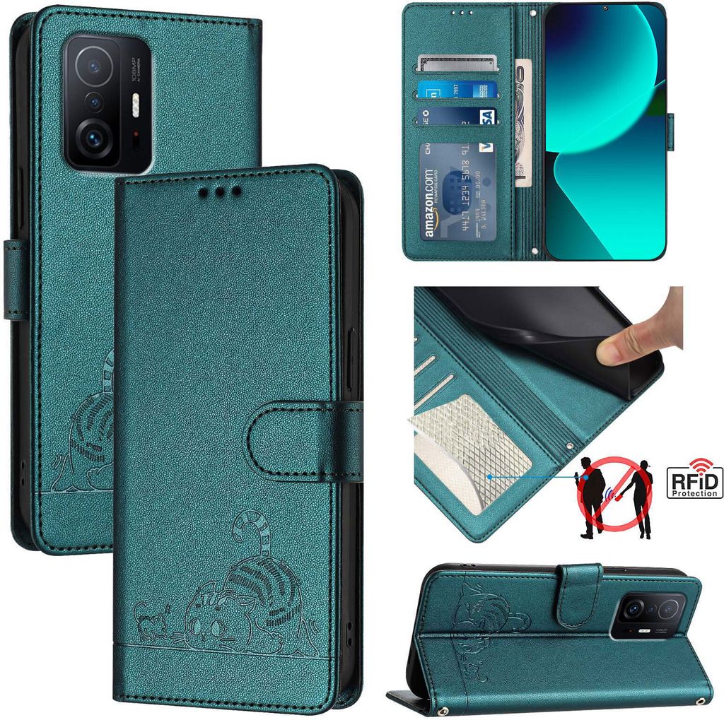 Leder Hülle für Xiaomi 11T/Xiaomi 11T Pro Süße Katze Flip Case Brieftasche Schutzhülle mit Standfunktion Grün
