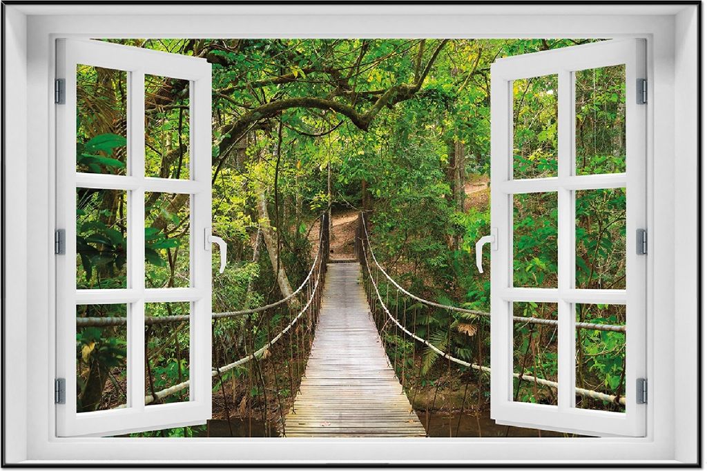 Wallario Wandbild mit Fenster-Illusion: Hängebrücke im Urwald grüner Dschungel, Größe: 61 x 91,5 cm, Poster mit schwarzem Aluminiumrahmen