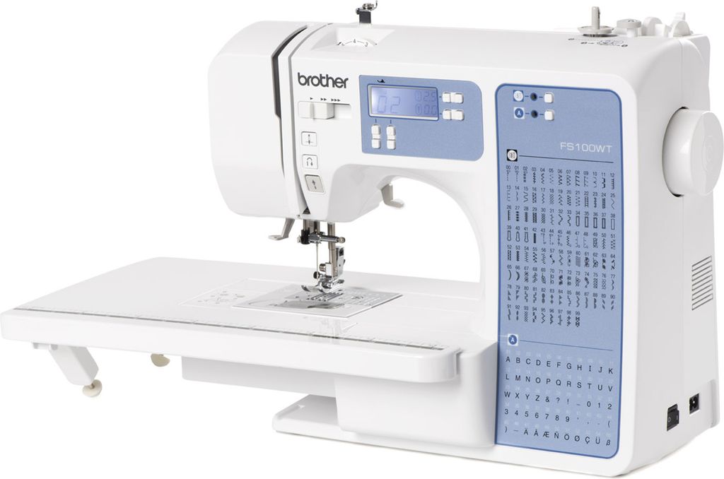 A white Brother sewing machine with a blue control panel and extension table, shown against a white background.