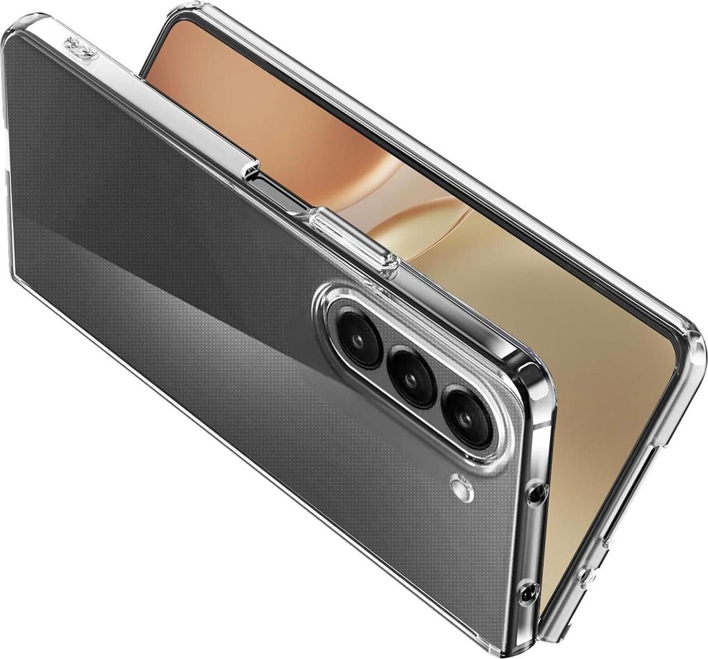 A clear protective case for a Samsung Galaxy Z Fold 5 phone, shown from the back and side.