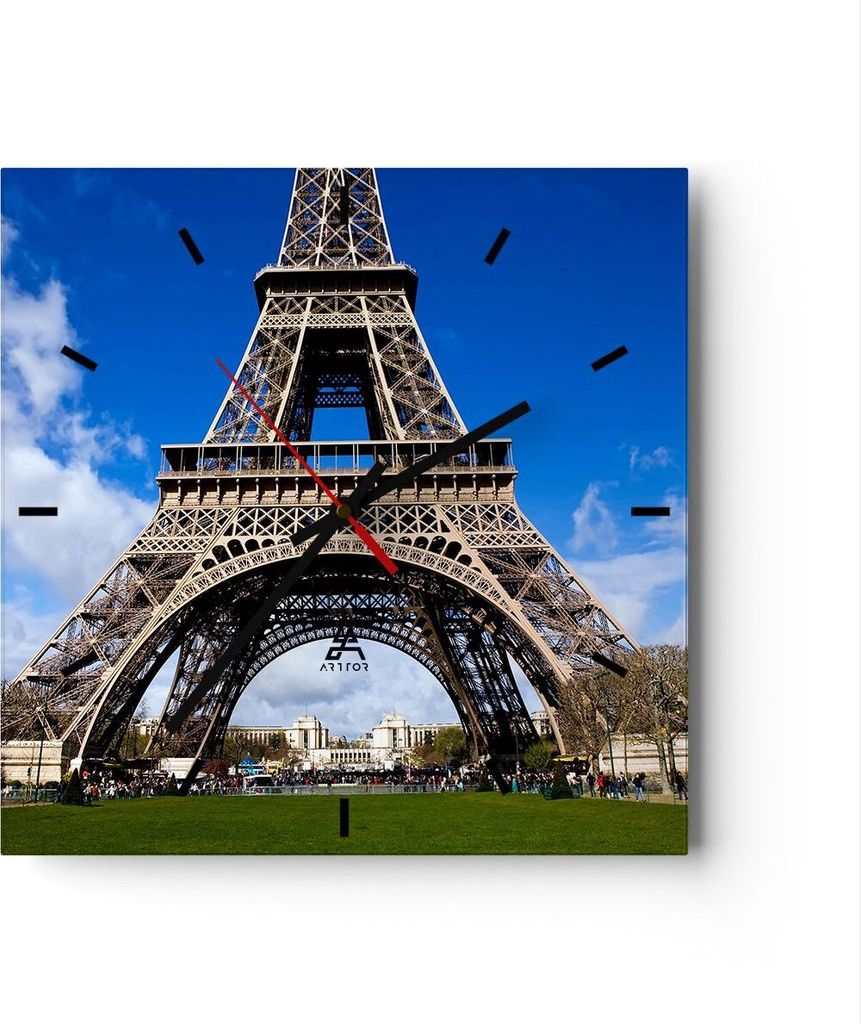 Wanduhr - Quadrat - Glasuhr - Turm Paris Eiffle - 30x30cm - Schleichendes Uhrwerk - Lautlos - zum Aufhängen bereit - Dekoration Modern - Wanddekor...