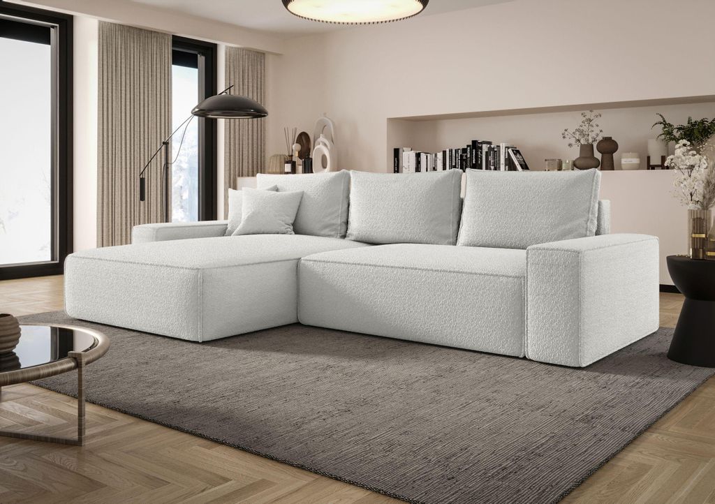 BEDANTE ECKSOFA MONA mit Schlaffunktion QUELLE 01 Weiß Links L-Form Sofa mit Stauraum Bettkasten Wohnzimmersofa Couch Sofa Bettsofa Bettkasten Bet...