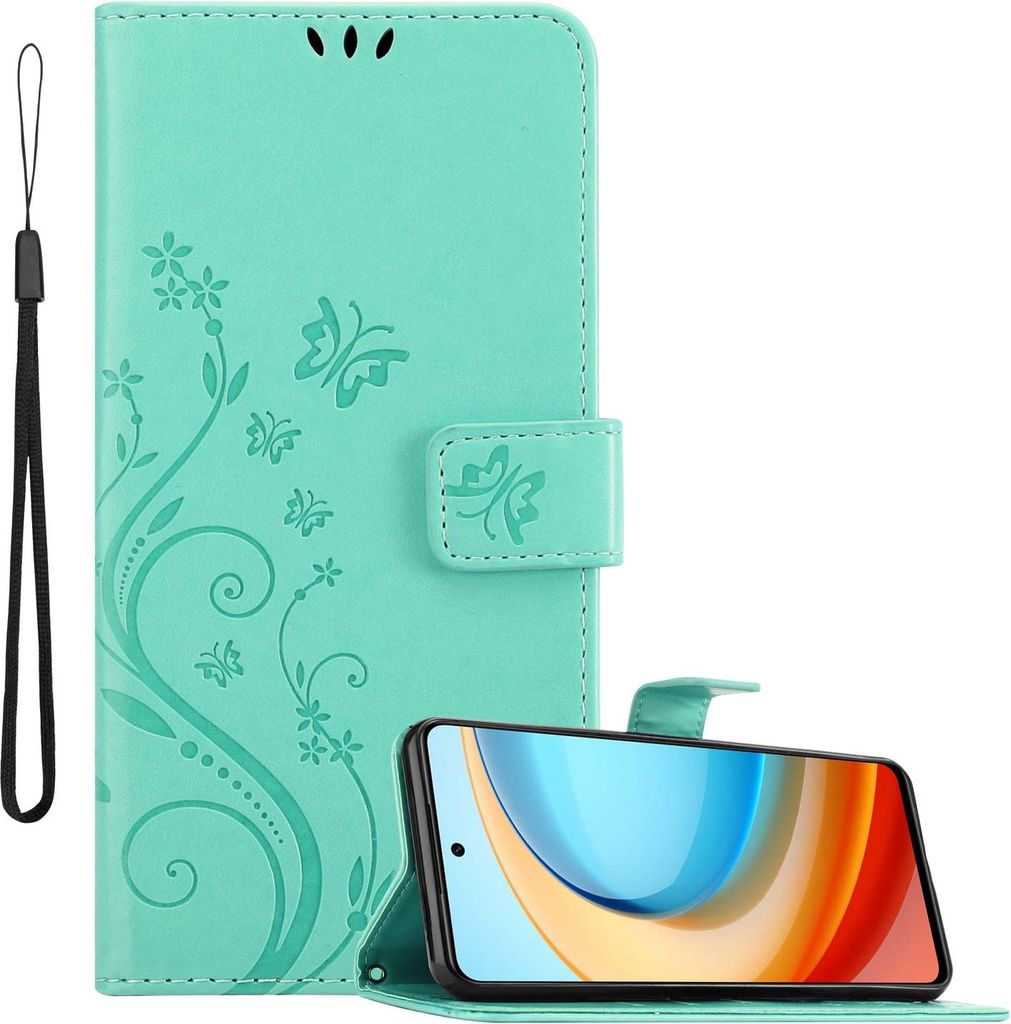 Cadorabo Hülle für ZTE Blade A75 5G Hülle in FLORAL TÜRKIS Schutzhülle im Blumen Design mit Magnetverschluss, Standfunktion und Kartenfächern...