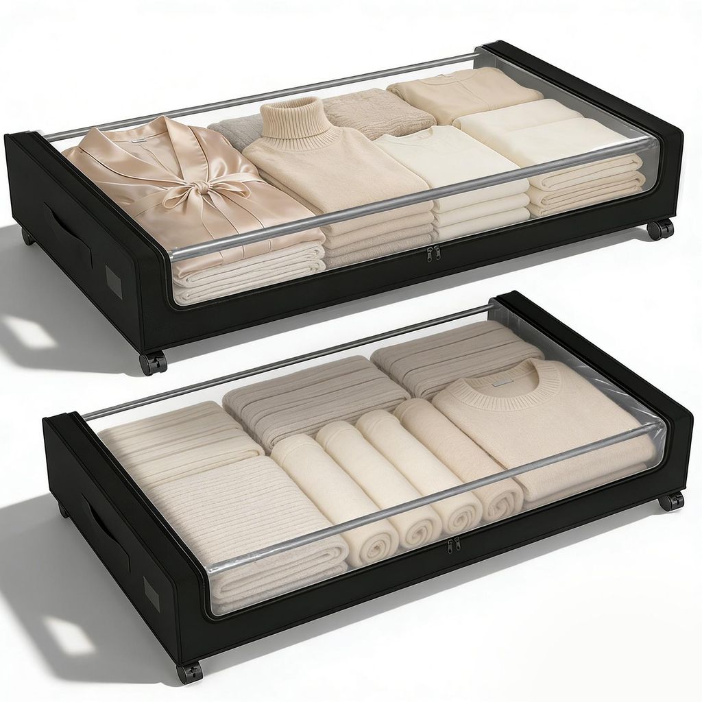 Unterbett Aufbewahrungsboxen mit Deckel schwarz – 2 St Organizer mit Rollen und Griff, Aufbewahrungstasche für Kleidung zur Aufbewahrung im Schrank