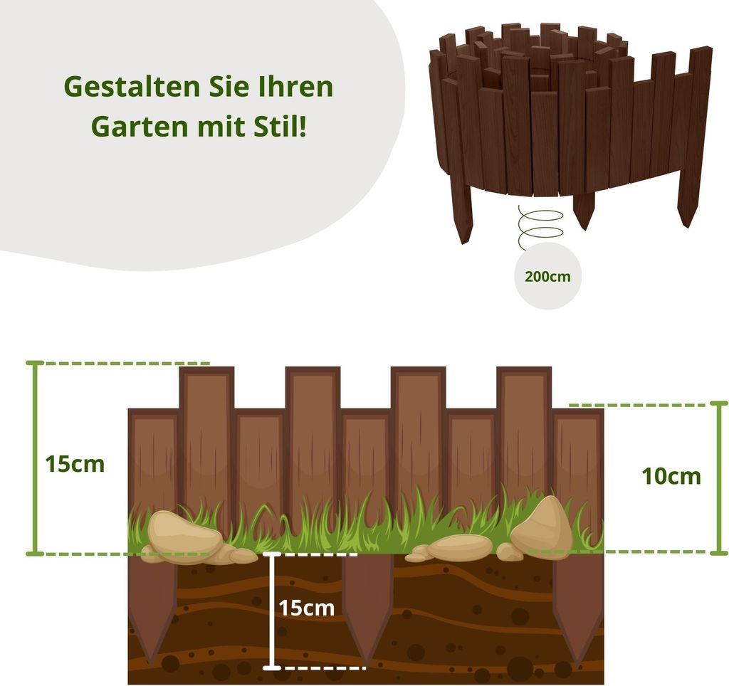 Floranica Beeteinfassung Rasenkante Holz Rollzaun Holzzaun 200 x 15 cm Braun imprägniert Flexible Rollborder Palisade Gartenzaun