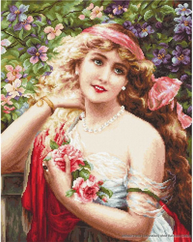 Point de croix Luca-S Fille aux roses - Toile Aida et fils coton 28cm