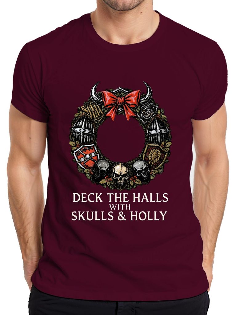 Deck The Halls With Skulls and Holly Gothic Weihnachtsgeschenk Herren T-Shirt, Burgundy, 3XL