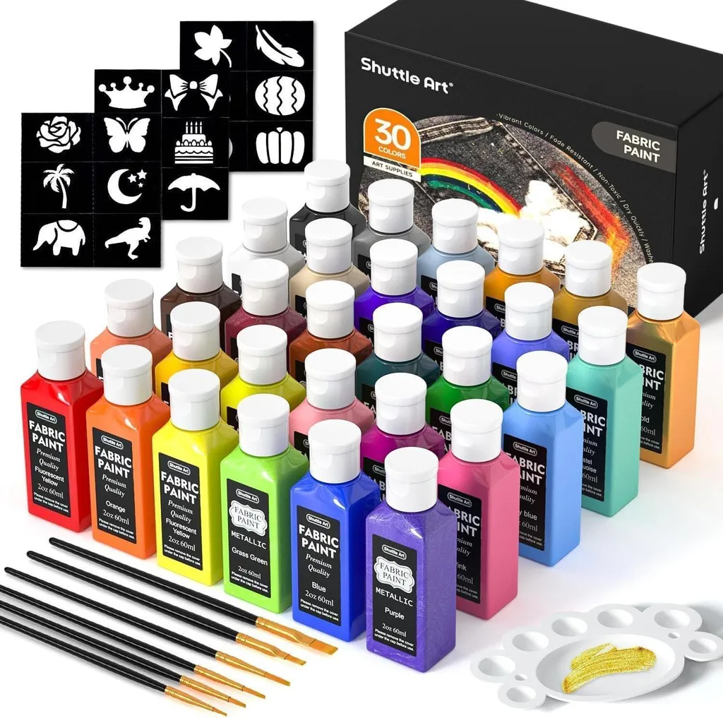 Set de peinture textile 30 couleurs avec pinceaux et pochoirs inclus