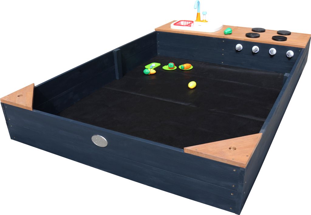 AXI Kelly Sandkasten aus Holz mit Sitzecken & Spielküche inklusive Spüle | Sandkasten für Kinder in Anthrazit & Braun | 180 x 115 cm