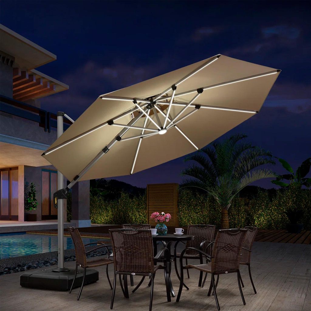 PURPLE LEAF Ampelschirm Sonnenschirm mit LED Solar Beleuchtung 330cm Marktschirm Groß 360° Rotation, Balkonschirm mit Kurbel Sonnenschutz UV50+, ...