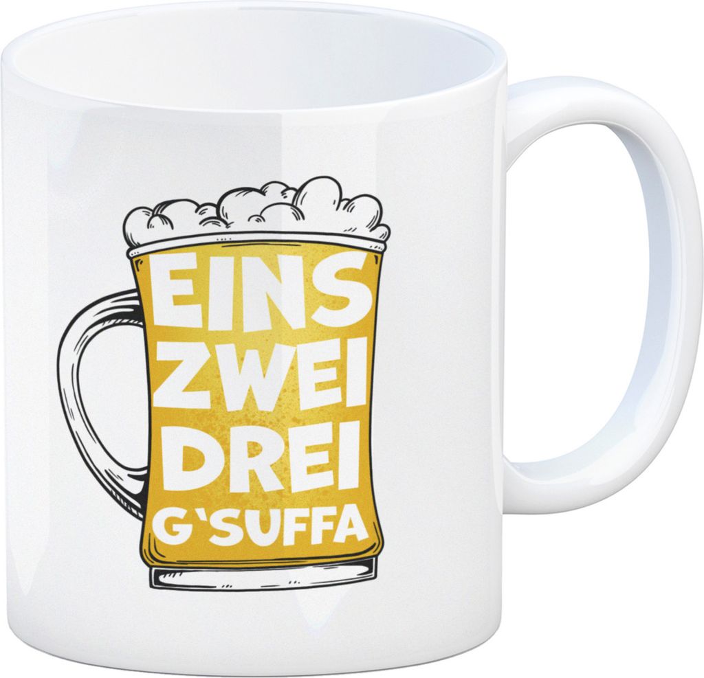 Eins zwei drei G'suffa witziger Kaffeebecher für Biertrinker