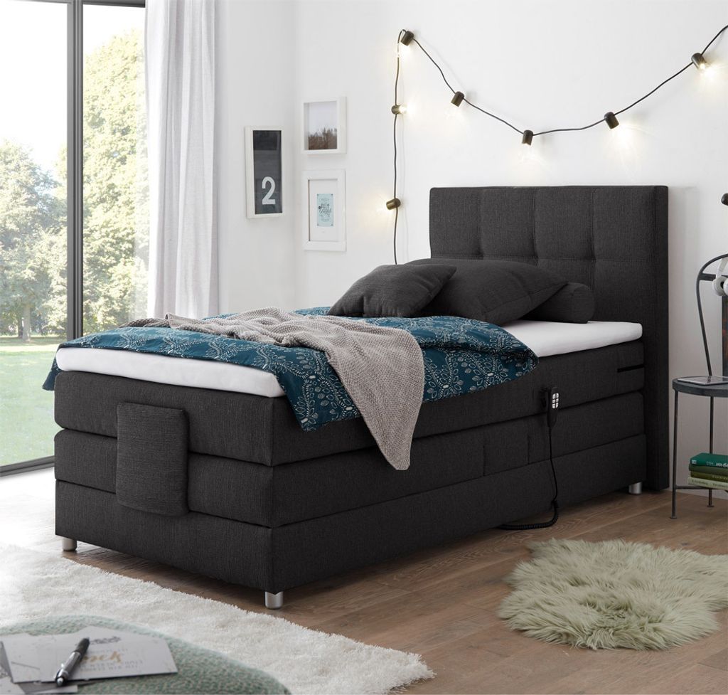 Boxspringbett Jugendbett in 120x200 cm MANAUS-09, in der Farbe anthrazit, Visco-Topper, elektrisch verstellbar