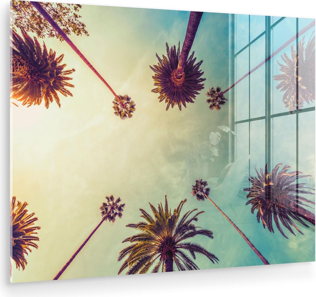 MuchoWow Glasbilder - Bilder auf Wandbild - Foto auf Glas Palme - Himmel - Bäume - Sommer - Tropisch 80x60 cm Wanddekoration aus Glas - Acrylglasb...