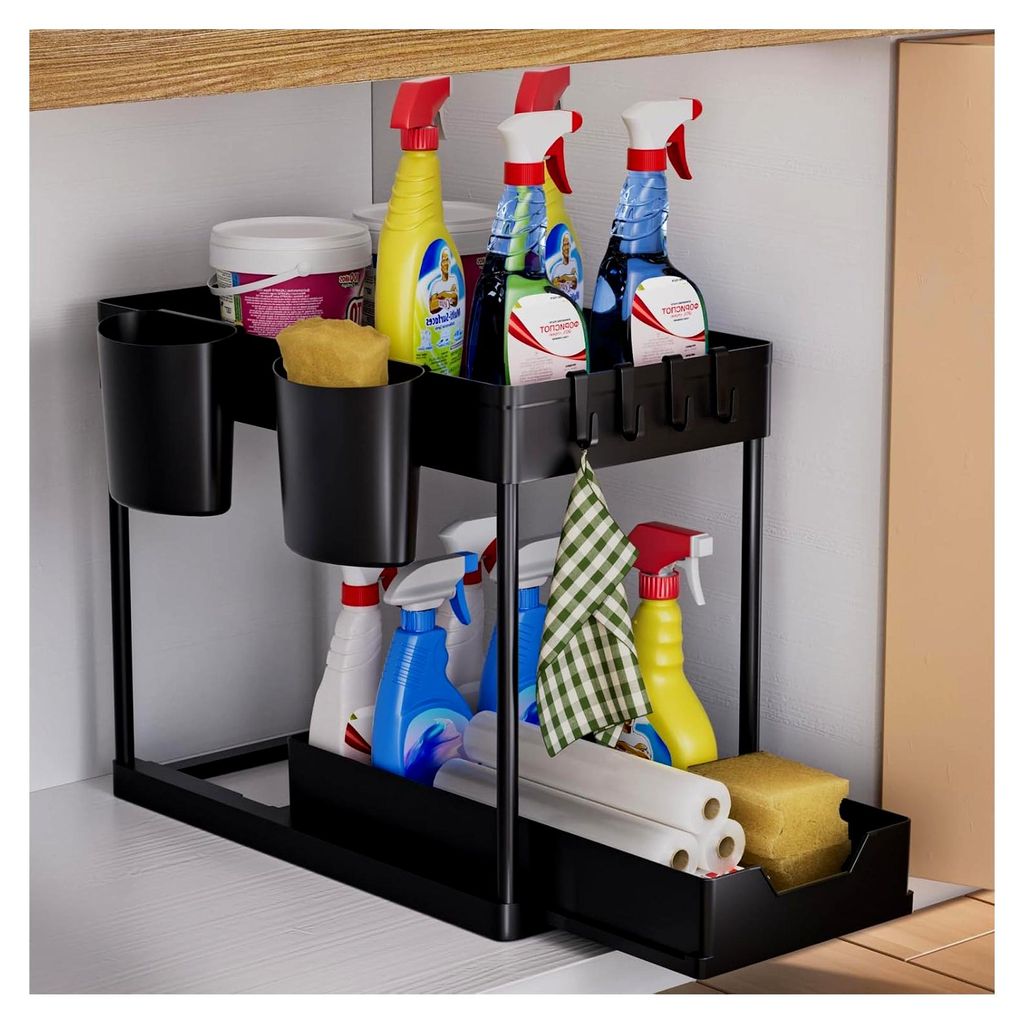 Küchen Organizer mit 2 Etagen, Regal für unter das Waschbecken mit Haken und Tassen für Gewürze, Organizer für Spülschrank und Schränke in S...