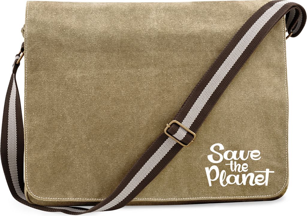 Huuraa Umhängetasche Save the Planet Schriftzug 14 Liter Sahara Canvas Laptoptasche Geschenkidee
