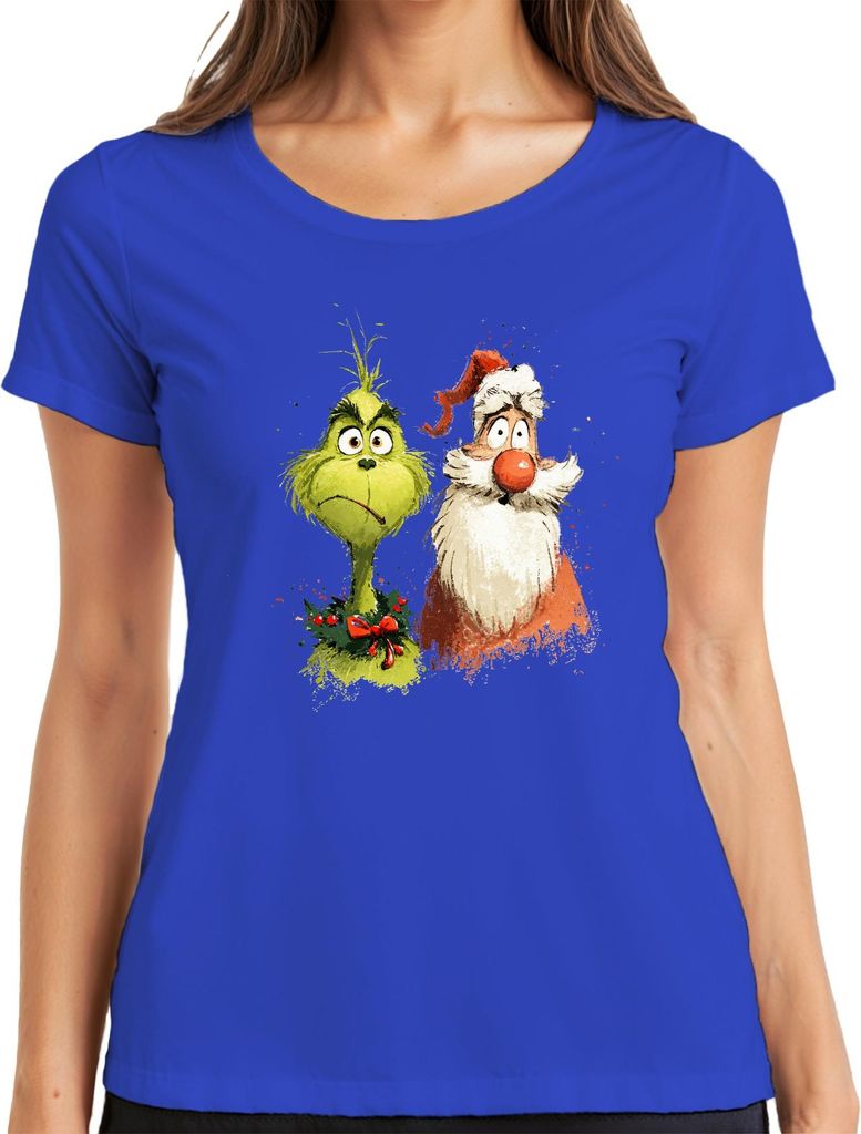 Grinch Weihnachtsmann lustig Weihnachten Geschenk Cartoon Retro Damen T-Shirt, Blau, XL
